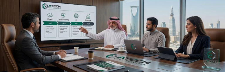 A Tech Code Solution consultants discussing IT strategy and digital transformation in Saudi Arabia.