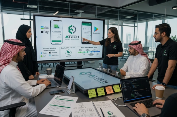 : Mobile app development team at A Tech Code Solution presenting iOS, Android, and Mada payment integration architecture in Saudi Arabia.